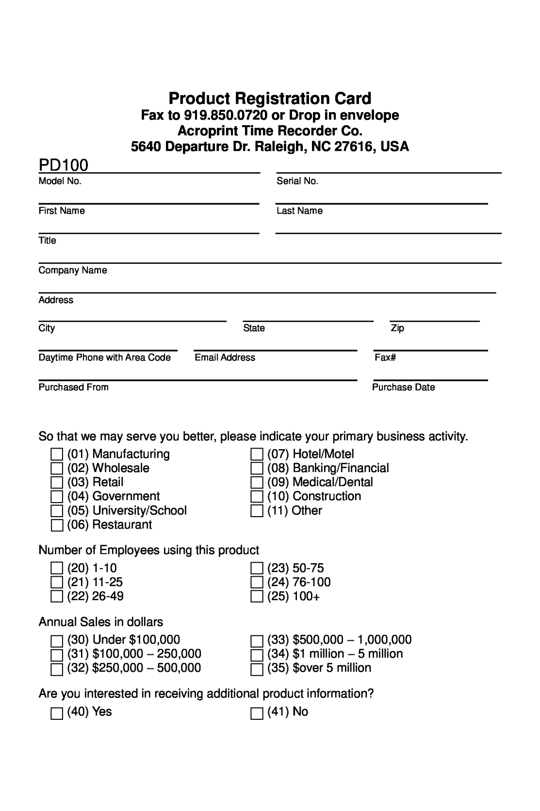 Acroprint PD100 user manual Product Registration Card, Fax to 919.850.0720 or Drop in envelope Acroprint Time Recorder Co 