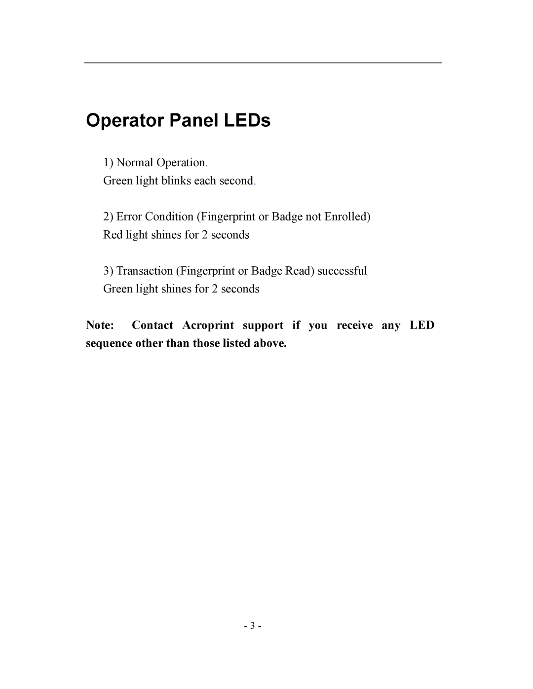 Acroprint TQ600, V3 user manual Operator Panel LEDs 