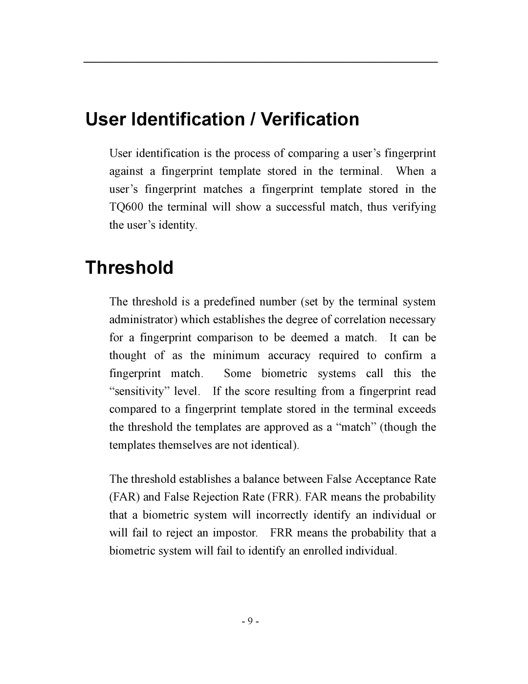 Acroprint TQ600, V3 user manual User Identification / Verification, Threshold 