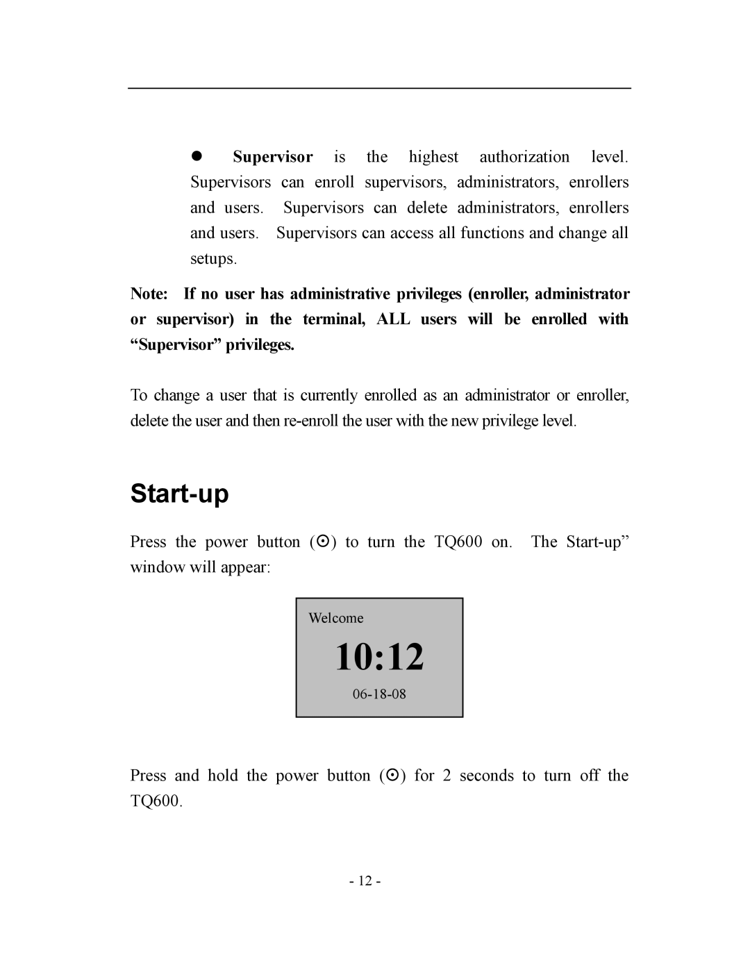 Acroprint V3, TQ600 user manual 1012, Start-up 