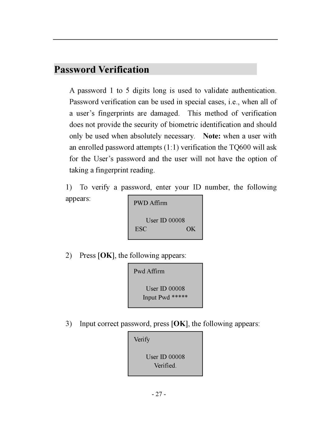 Acroprint TQ600, V3 user manual Password Verification 