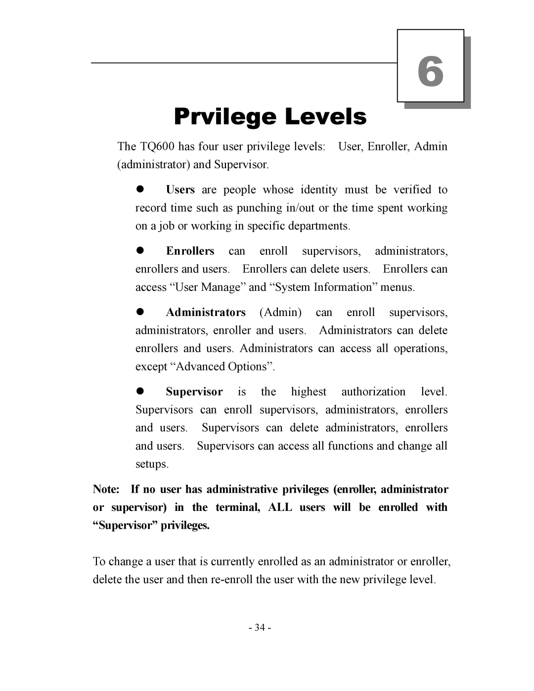 Acroprint V3, TQ600 user manual Prvilege Levels 