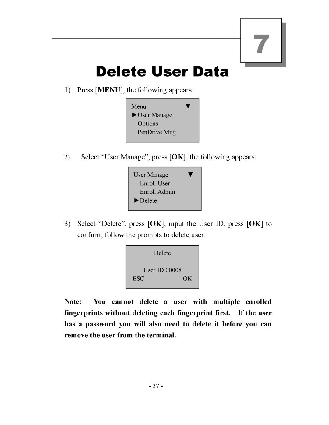 Acroprint TQ600, V3 user manual Delete User Data 