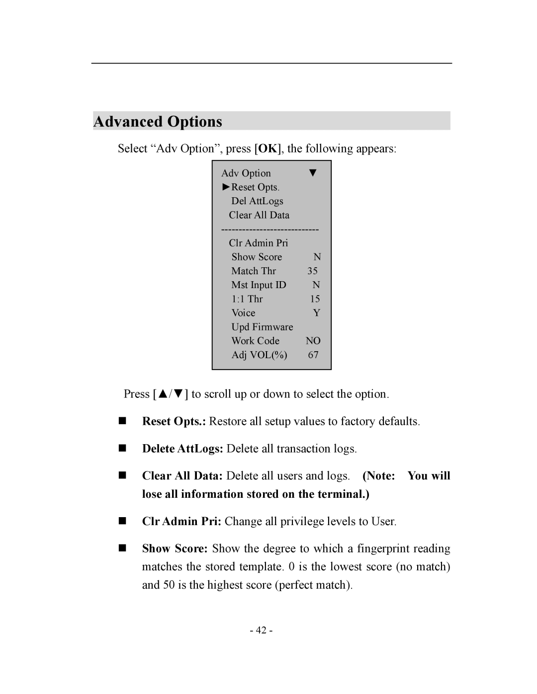 Acroprint V3, TQ600 user manual Advanced Options, Select Adv Option, press OK, the following appears 