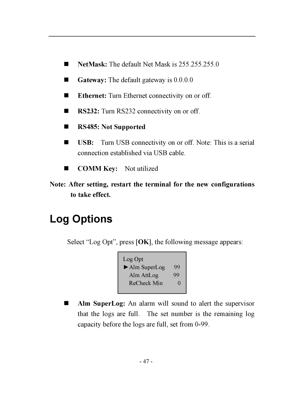 Acroprint TQ600, V3 user manual Log Options, „ RS485 Not Supported 