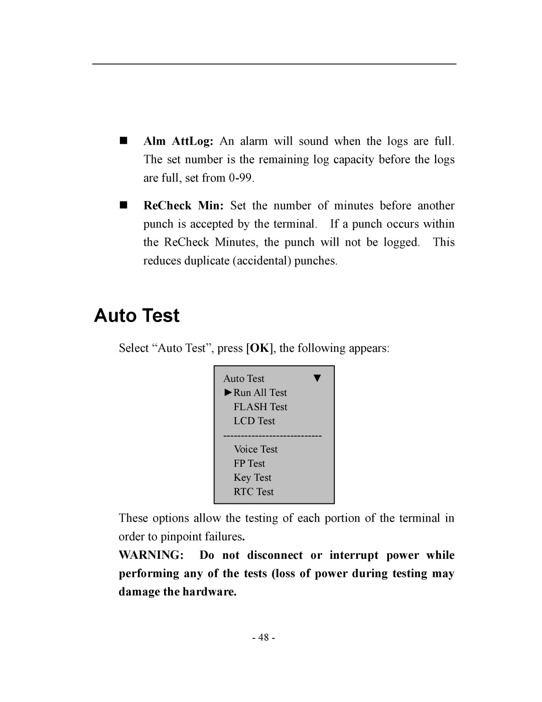 Acroprint V3, TQ600 user manual Auto Test 