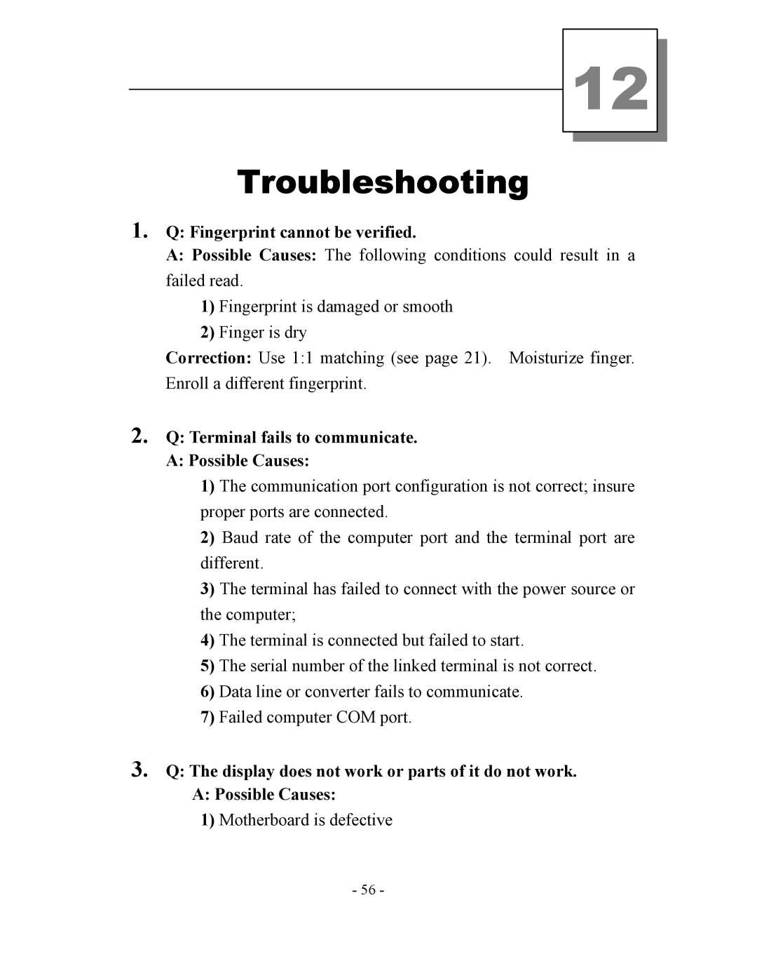 Acroprint V3, TQ600 user manual Troubleshooting, Fingerprint cannot be verified 