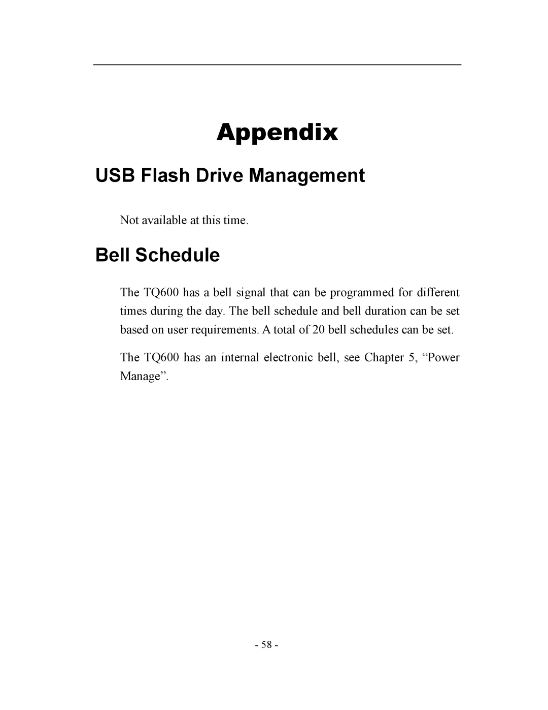 Acroprint V3, TQ600 user manual Appendix, USB Flash Drive Management, Bell Schedule 