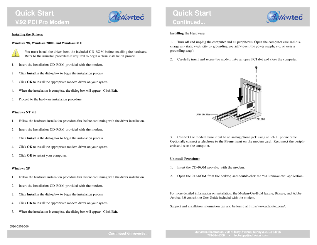 Actiontec electronic 0530-0276-000 quick start Quick Start, PCI Pro Modem 