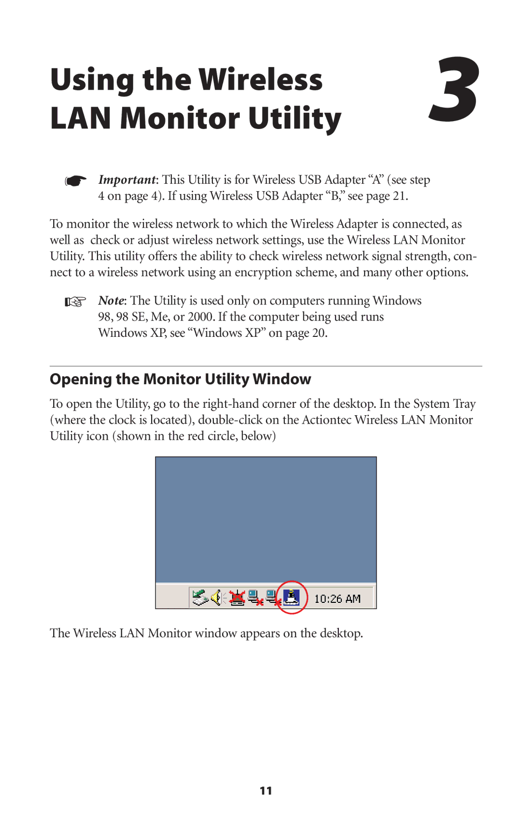 Actiontec electronic 11 Mbps user manual Using the Wireless LAN Monitor Utility, Opening the Monitor Utility Window 