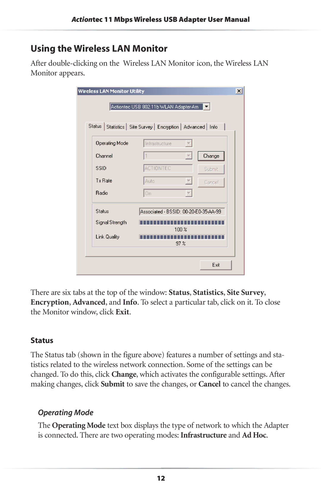 Actiontec electronic 11 Mbps user manual Using the Wireless LAN Monitor, Status, Operating Mode 