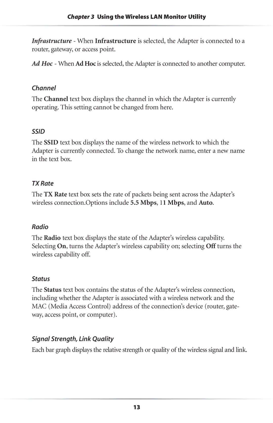 Actiontec electronic 11 Mbps user manual Channel, TX Rate, Radio, Status, Signal Strength, Link Quality 