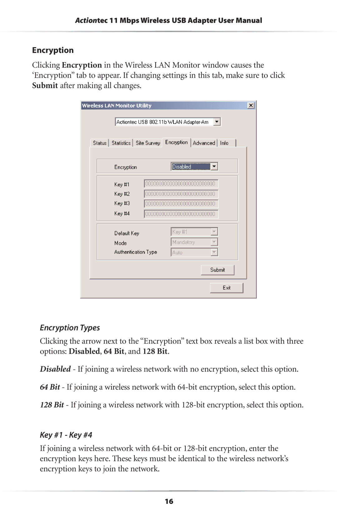 Actiontec electronic 11 Mbps user manual Encryption Types, Key #1 Key #4 