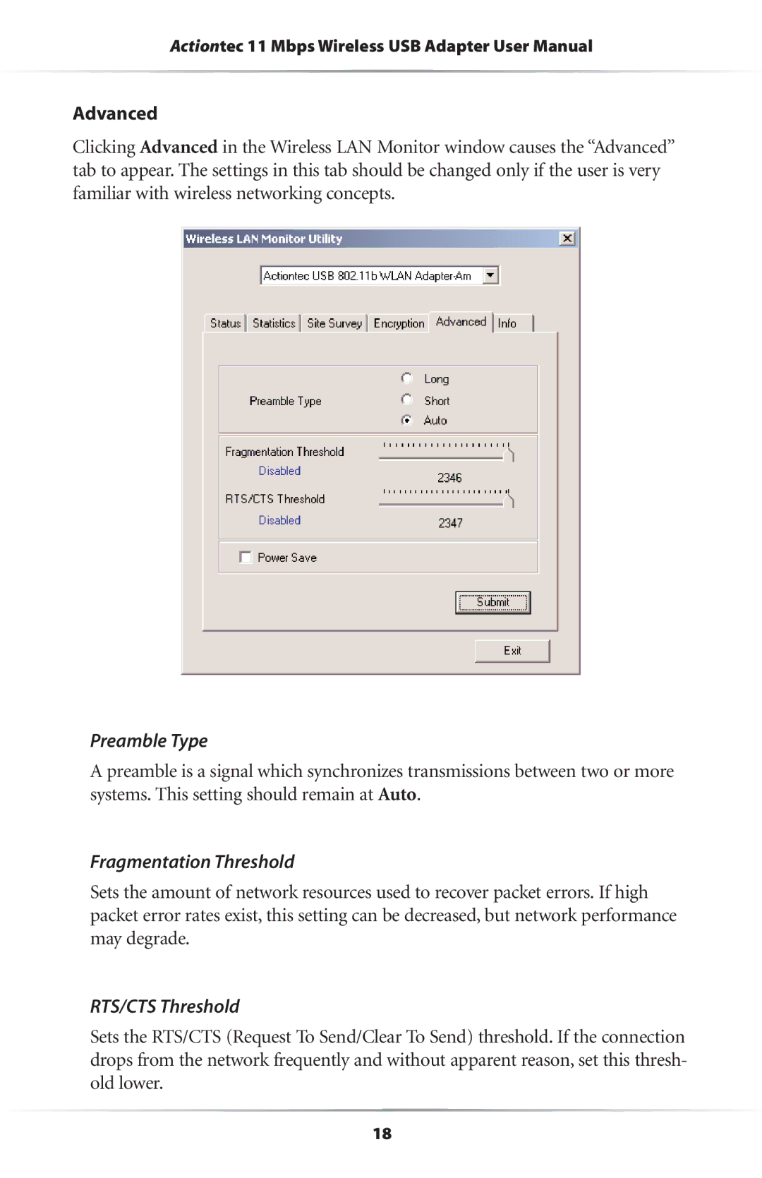 Actiontec electronic 11 Mbps user manual Advanced, Preamble Type, Fragmentation Threshold, RTS/CTS Threshold 