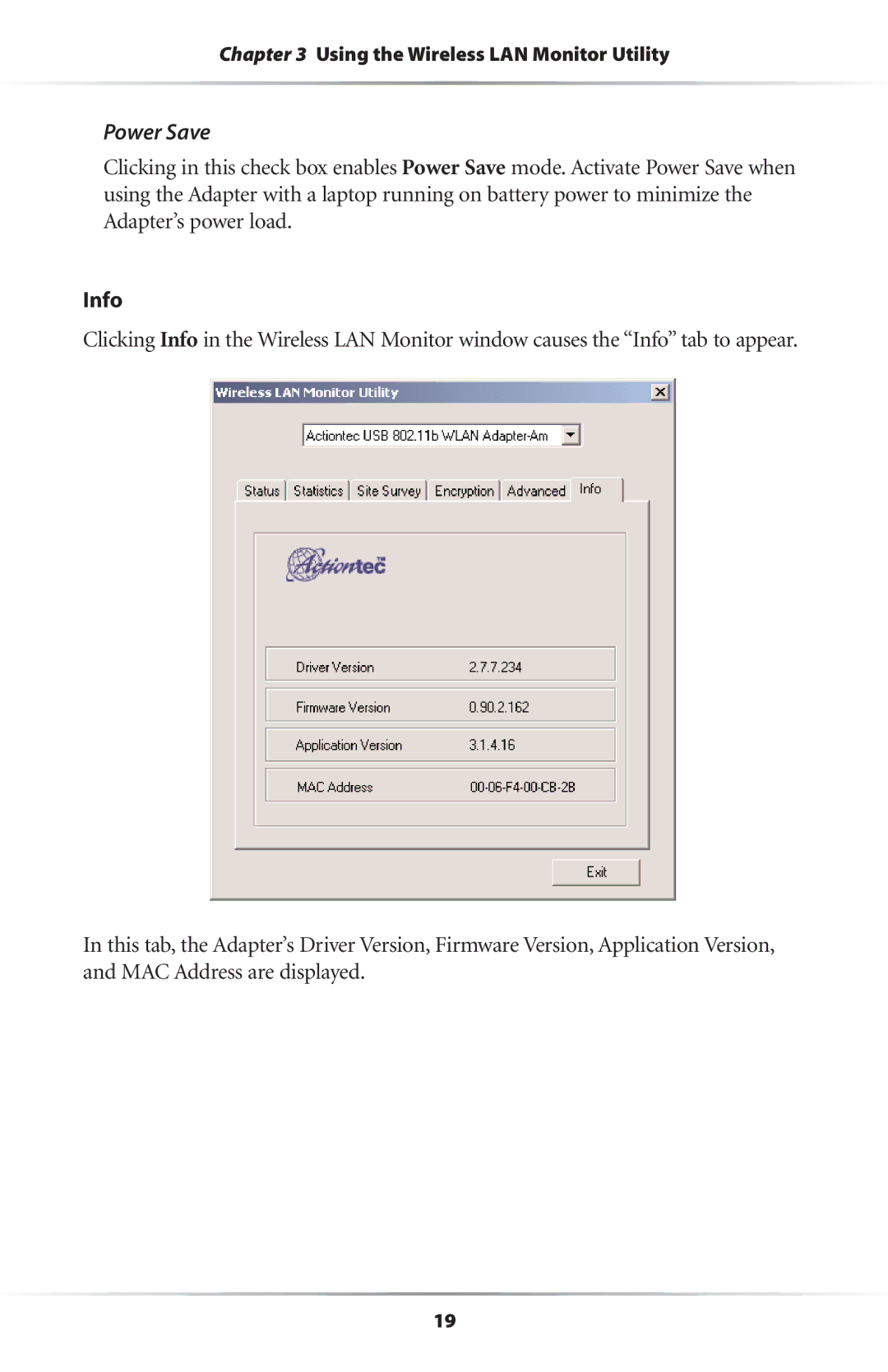 Actiontec electronic 11 Mbps user manual Power Save, Info 