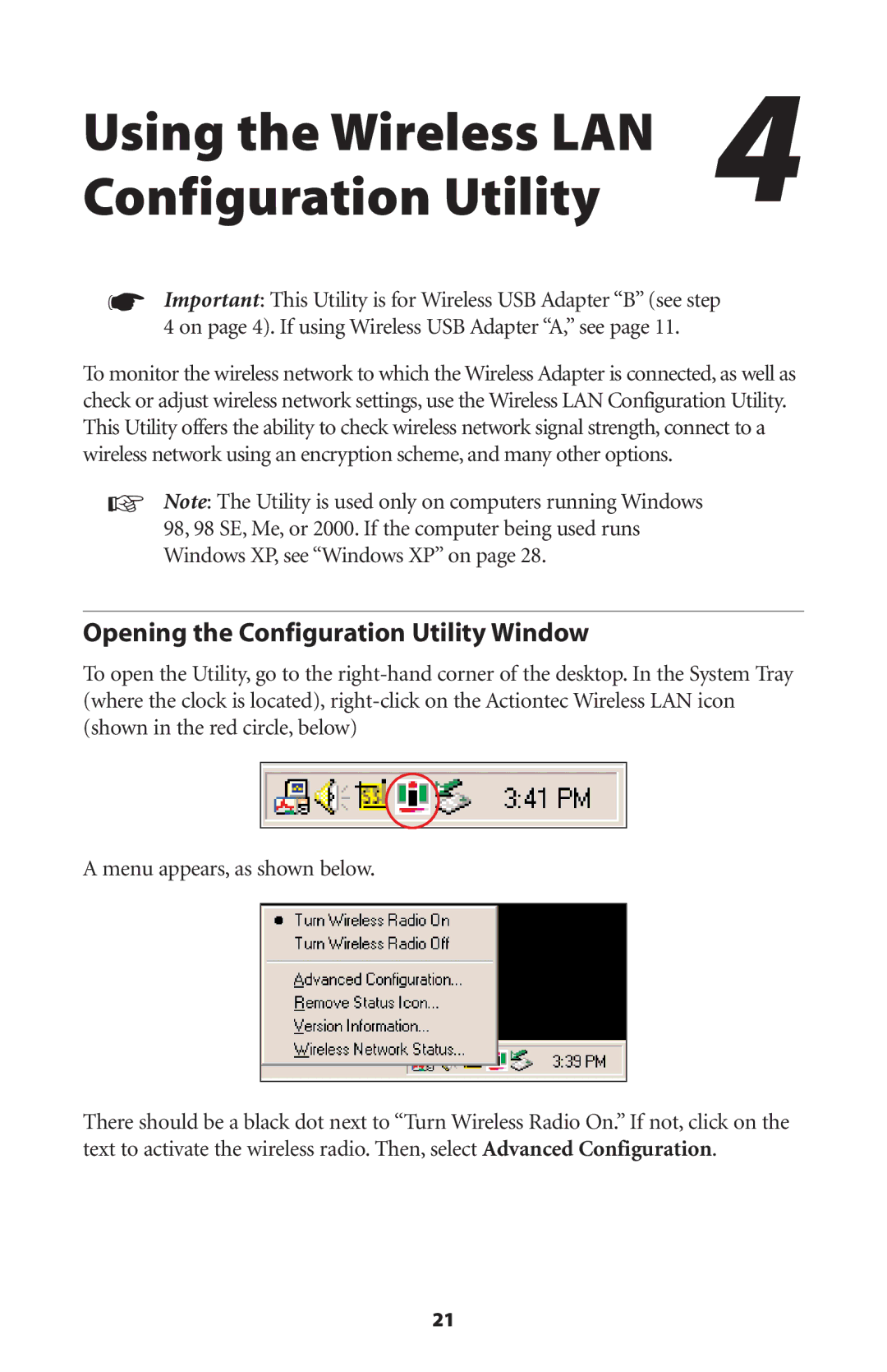 Actiontec electronic 11 Mbps user manual Opening the Configuration Utility Window 