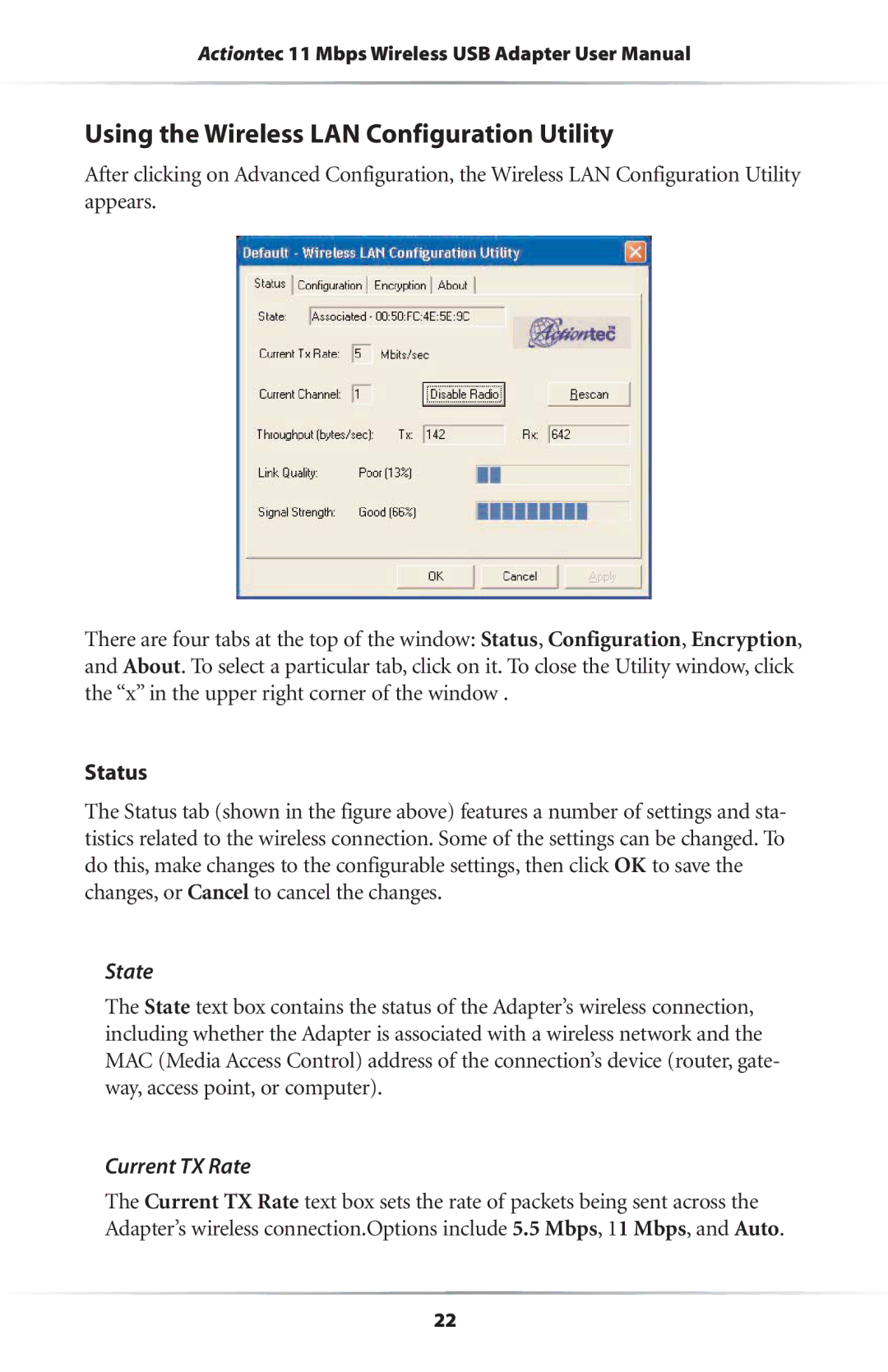 Actiontec electronic 11 Mbps user manual Using the Wireless LAN Configuration Utility, State, Current TX Rate 