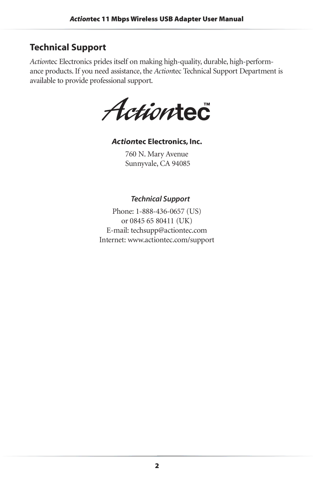 Actiontec electronic 11 Mbps user manual Technical Support, Actiontec Electronics, Inc 