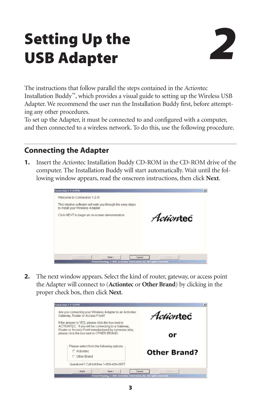 Actiontec electronic 11 Mbps user manual Setting Up USB Adapter, Connecting the Adapter 