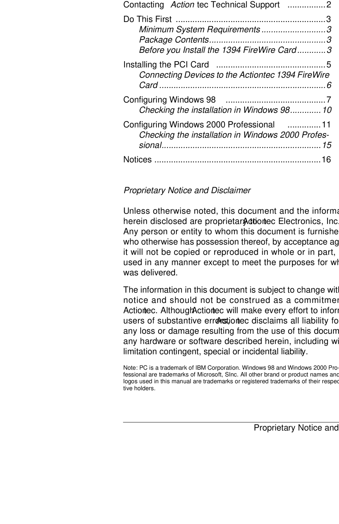 Actiontec electronic 1394 manual Table of Contents 