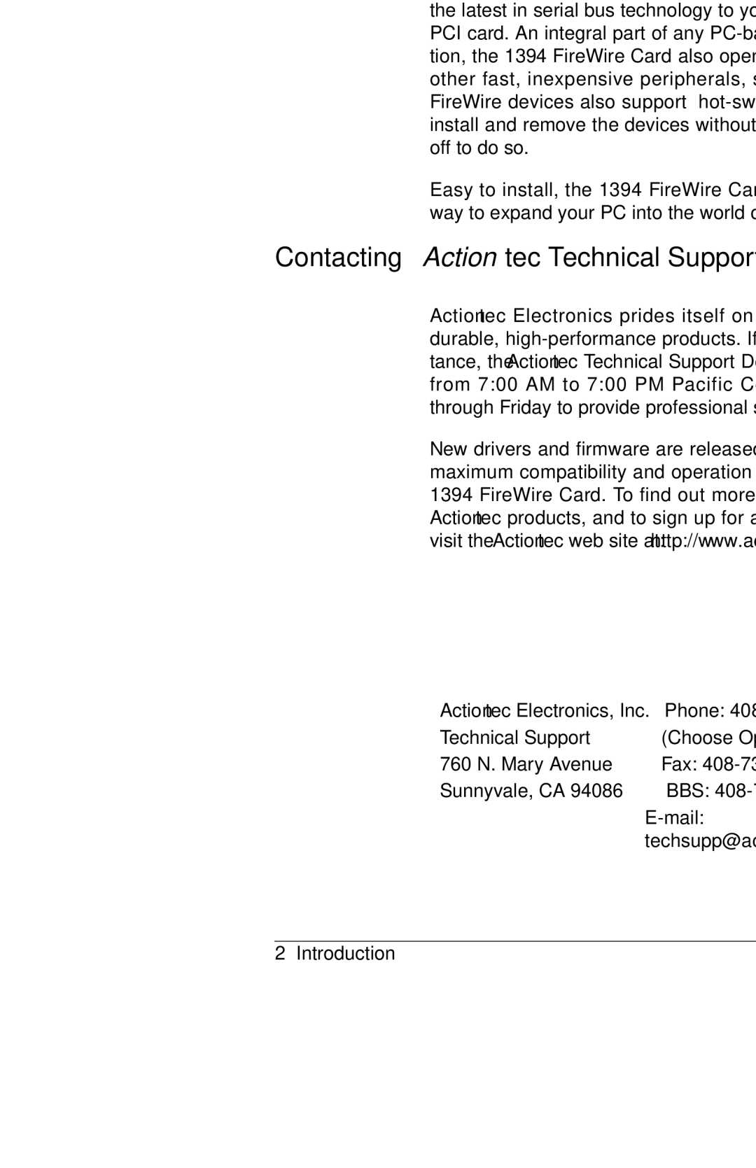 Actiontec electronic 1394 manual Introduction, Contacting Actiontec Technical Support 