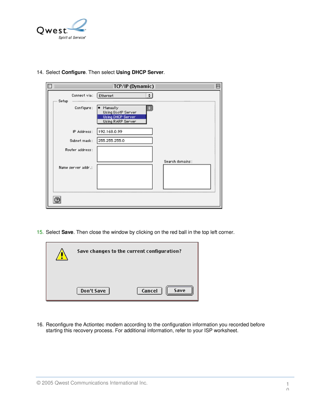 Actiontec electronic 1524, 1520 manual Select Configure. Then select Using Dhcp Server 