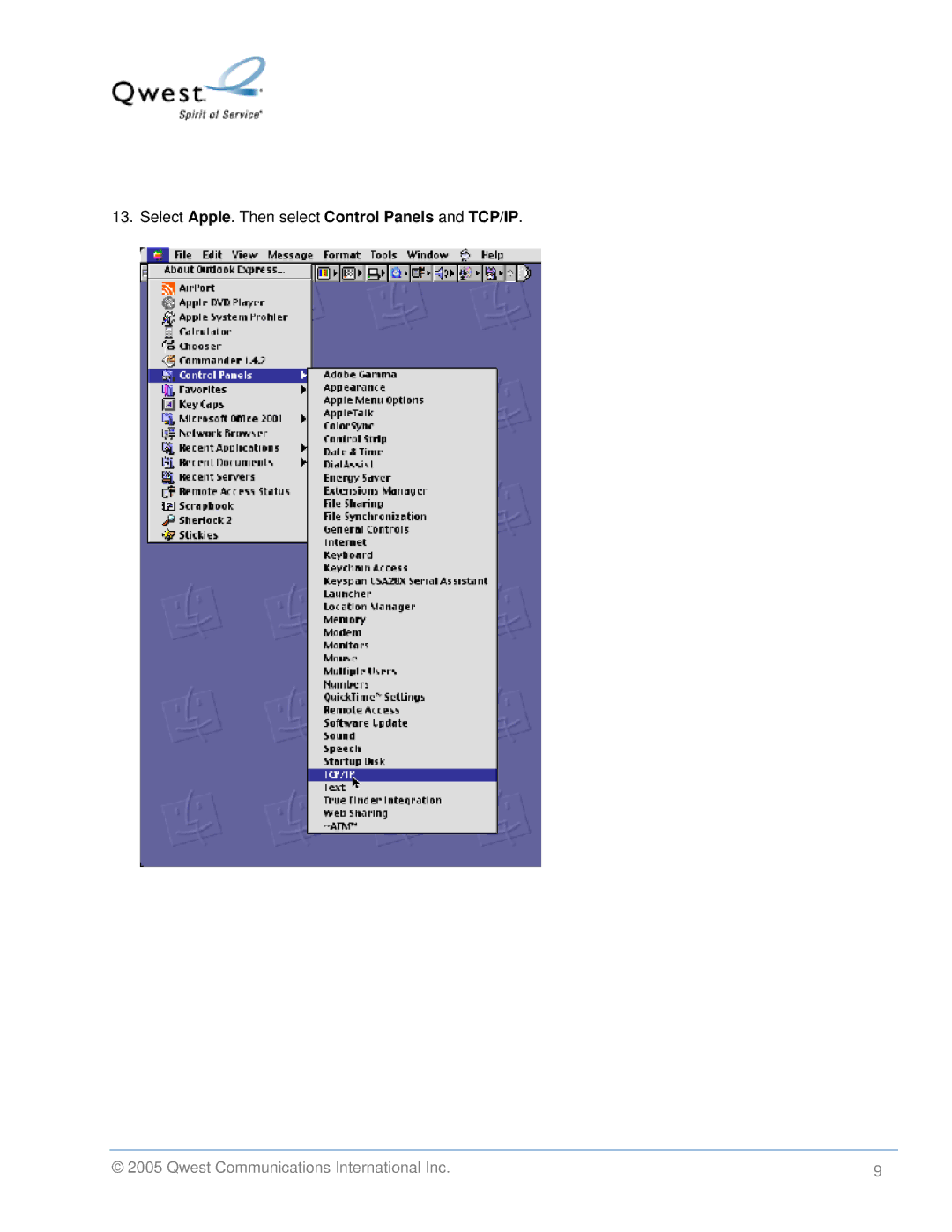 Actiontec electronic 1520, 1524 manual Select Apple. Then select Control Panels and TCP/IP 