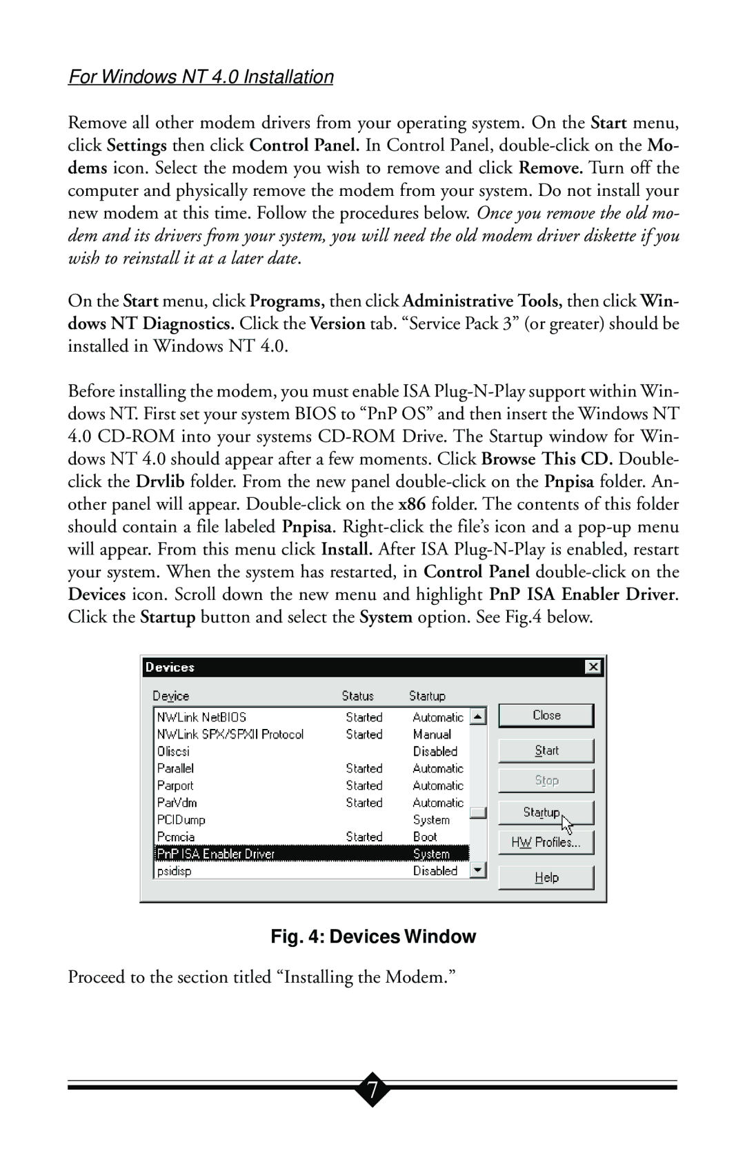 Actiontec electronic 56K ISA Lite manual For Windows NT 4.0 Installation, Devices Window 