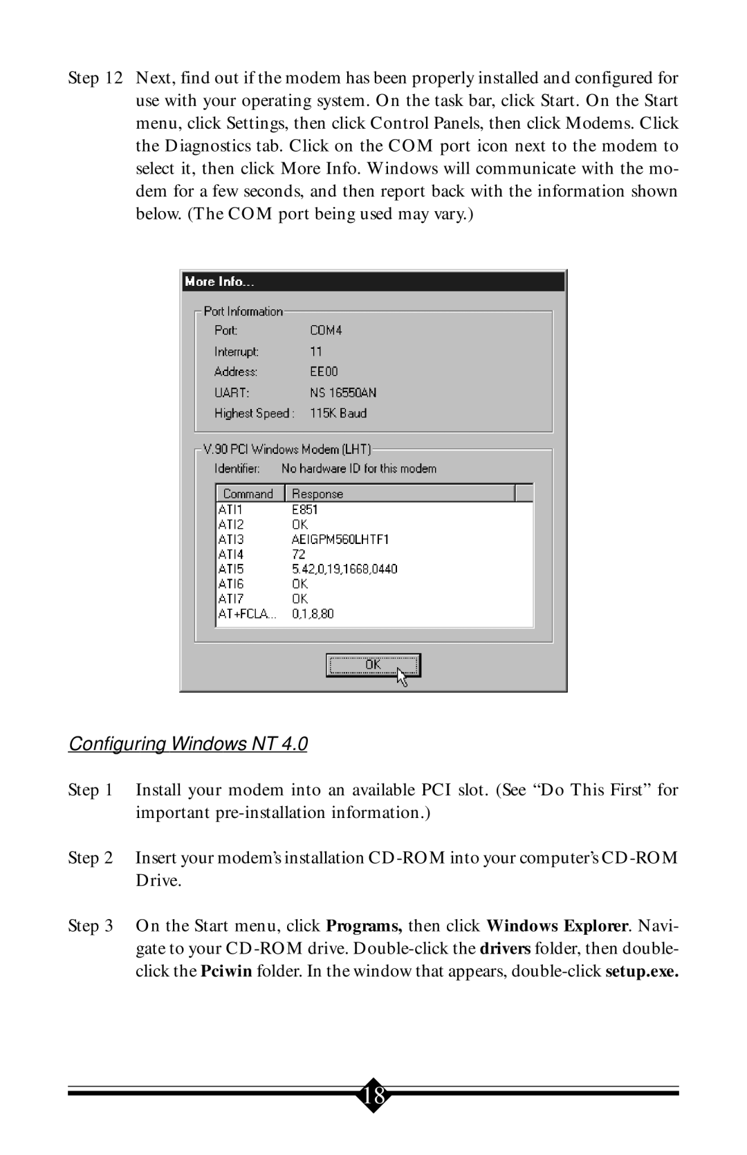 Actiontec electronic 56K V.90 manual Configuring Windows NT 