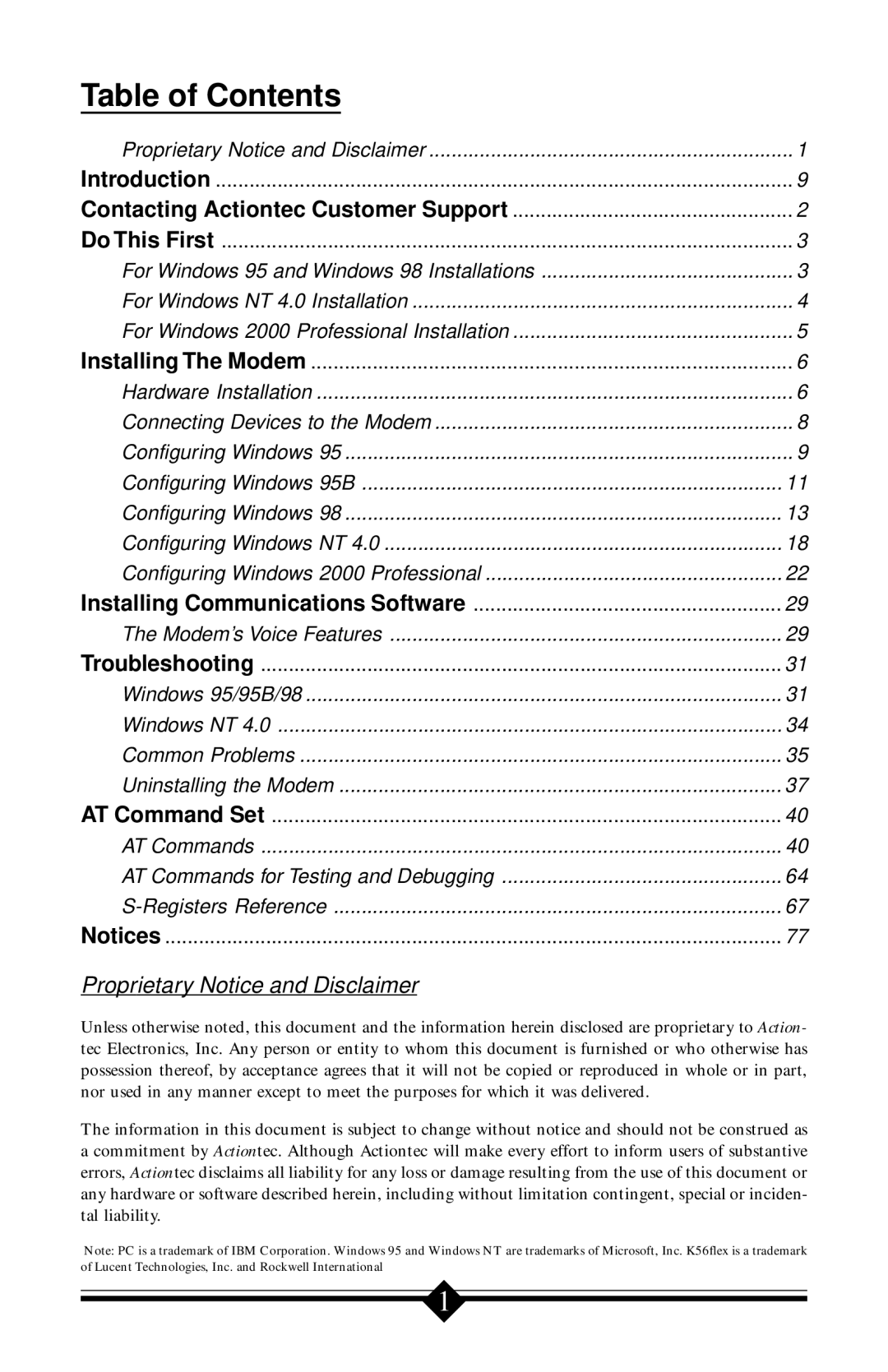 Actiontec electronic 56K V.90 manual Table of Contents 