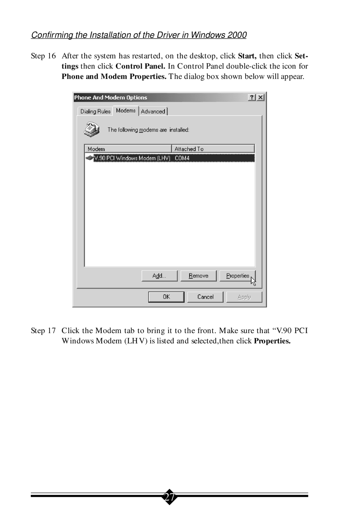 Actiontec electronic 56K V.90 manual Confirming the Installation of the Driver in Windows 