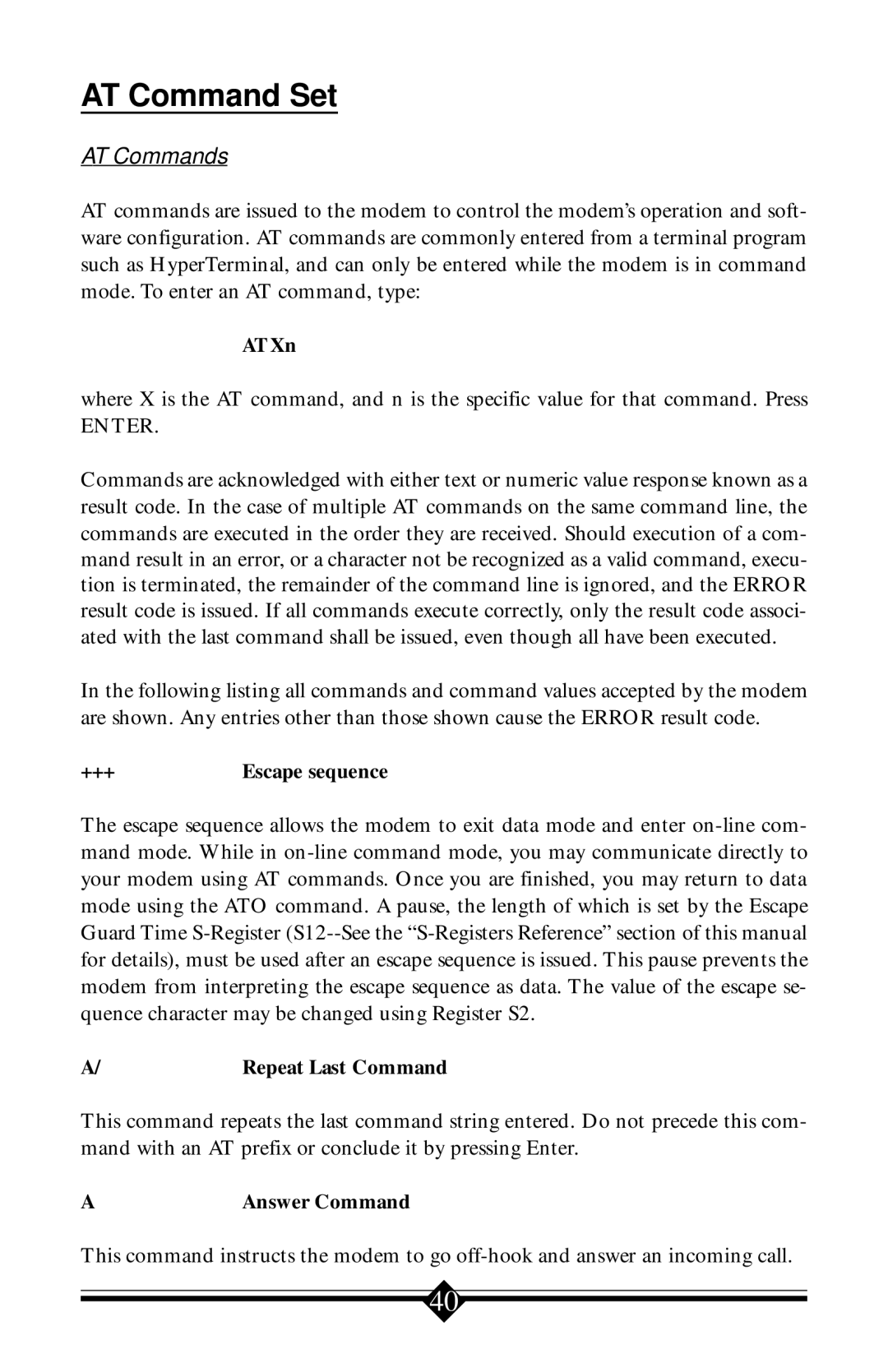 Actiontec electronic 56K V.90 manual AT Commands, ATXn, +++ Escape sequence, Repeat Last Command, Answer Command 