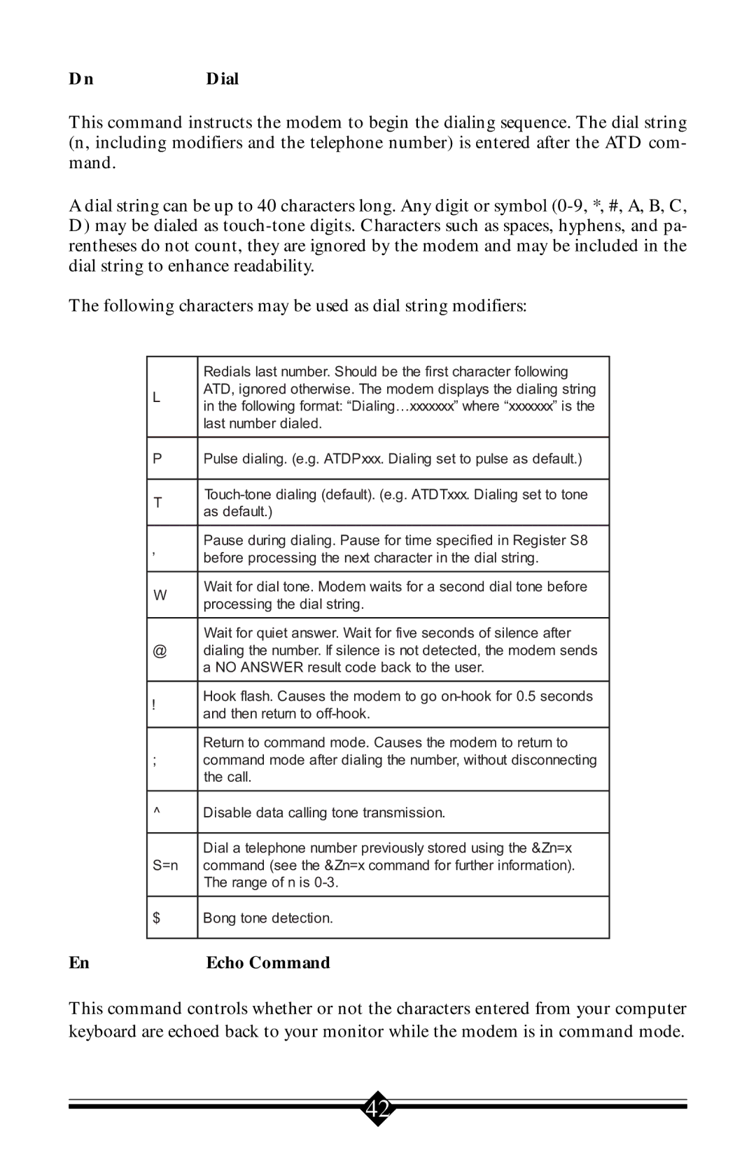 Actiontec electronic 56K V.90 manual DnDial, Echo Command 