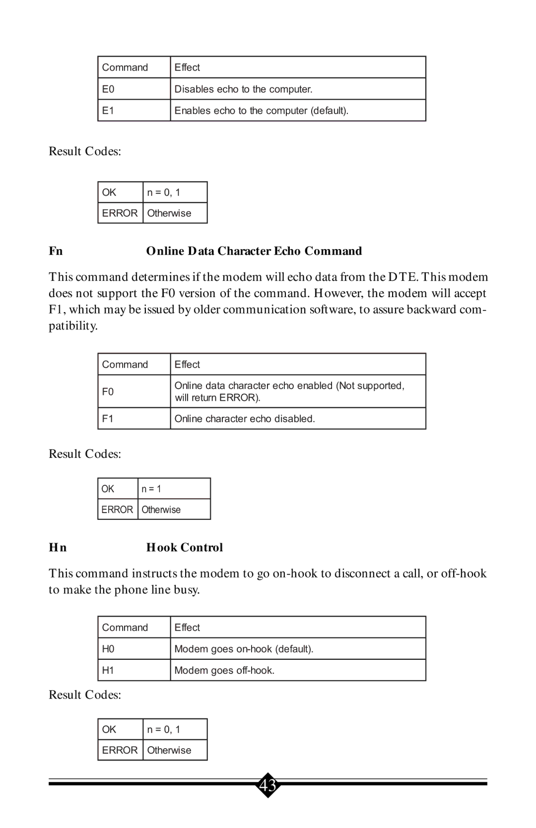 Actiontec electronic 56K V.90 manual Online Data Character Echo Command, Hook Control 