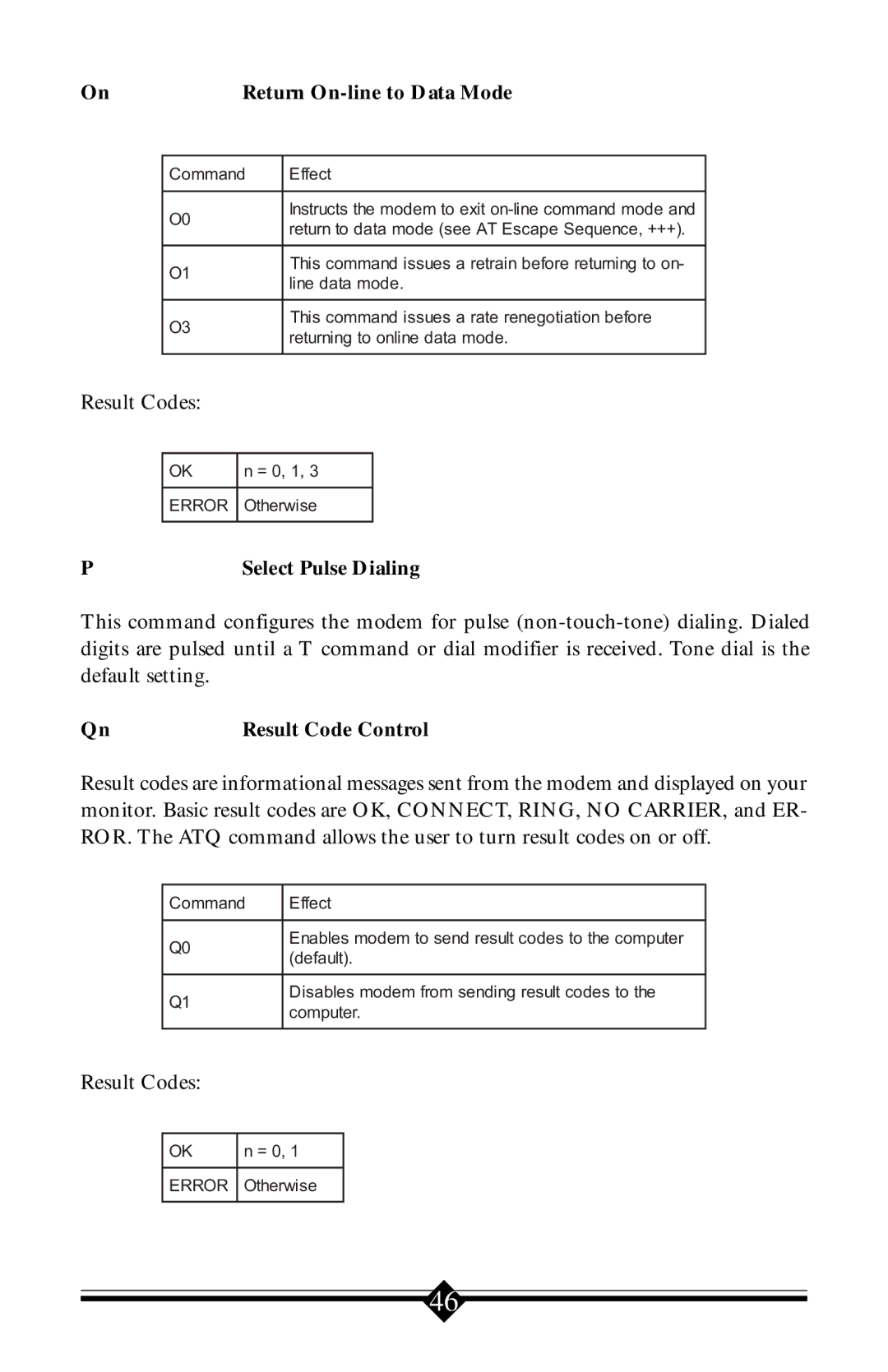 Actiontec electronic 56K V.90 manual Return On-line to Data Mode, Select Pulse Dialing, Result Code Control 