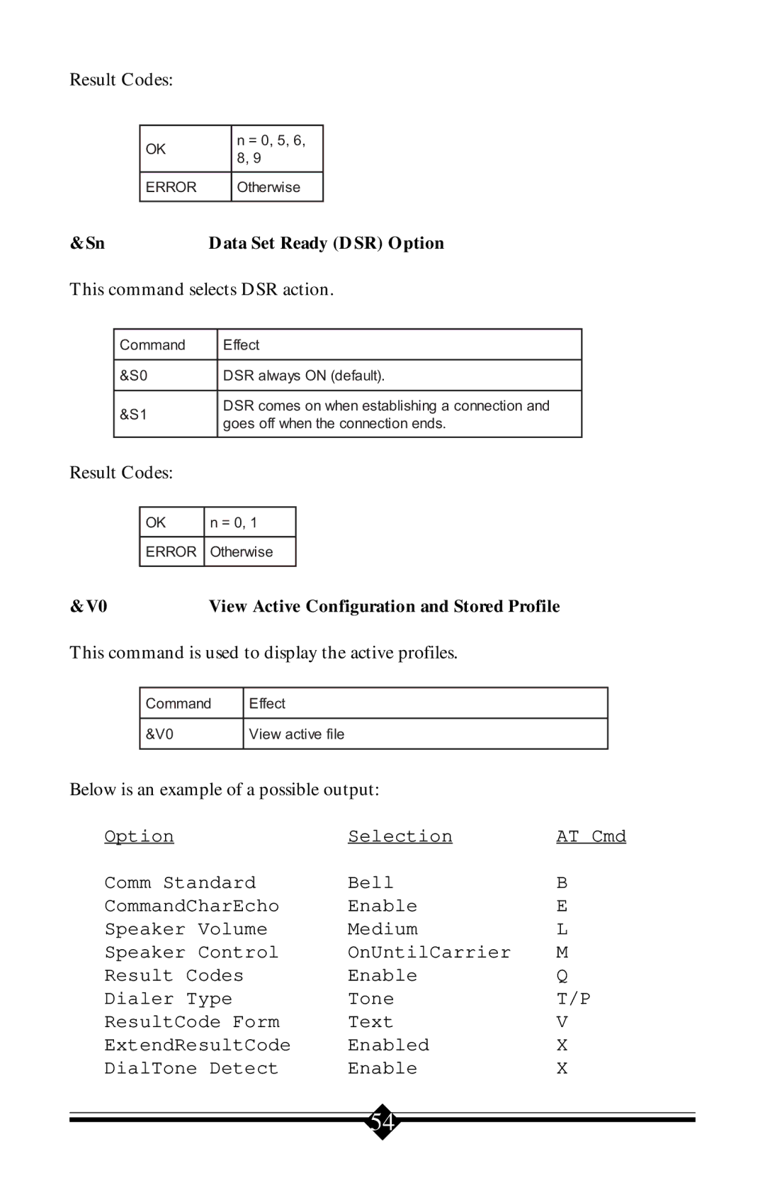 Actiontec electronic 56K V.90 manual Data Set Ready DSR Option, View Active Configuration and Stored Profile 