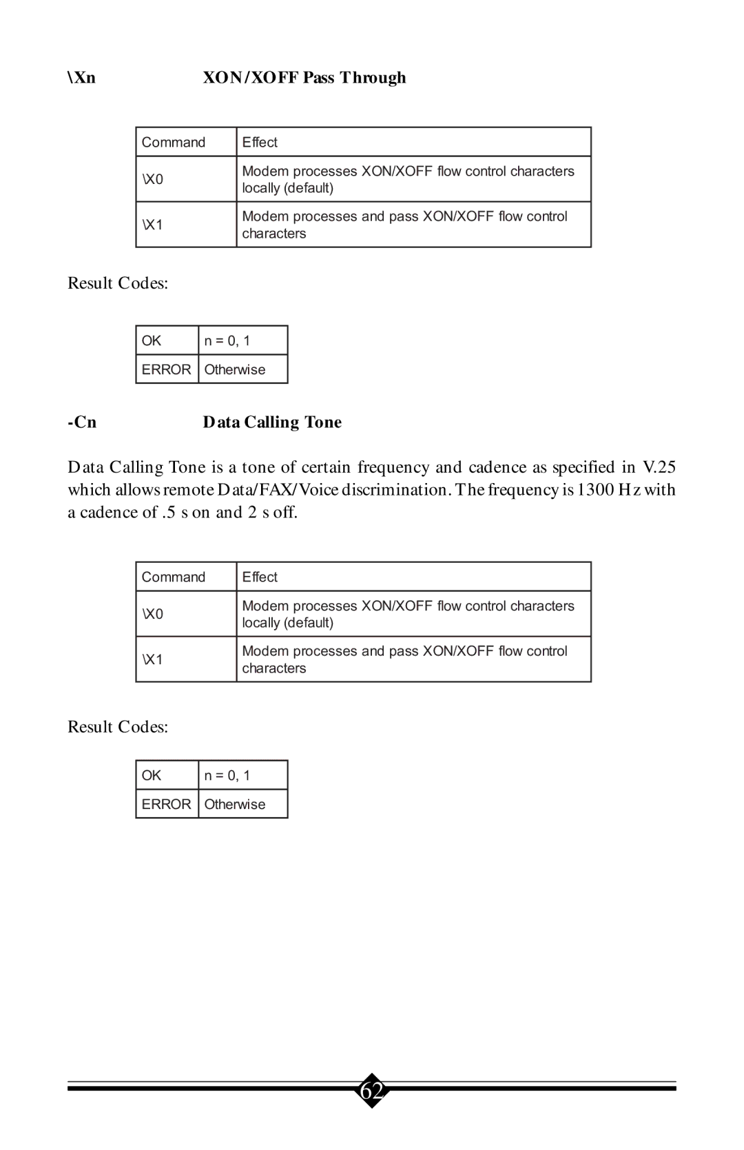 Actiontec electronic 56K V.90 manual Xn XON/XOFF Pass Through, Data Calling Tone 