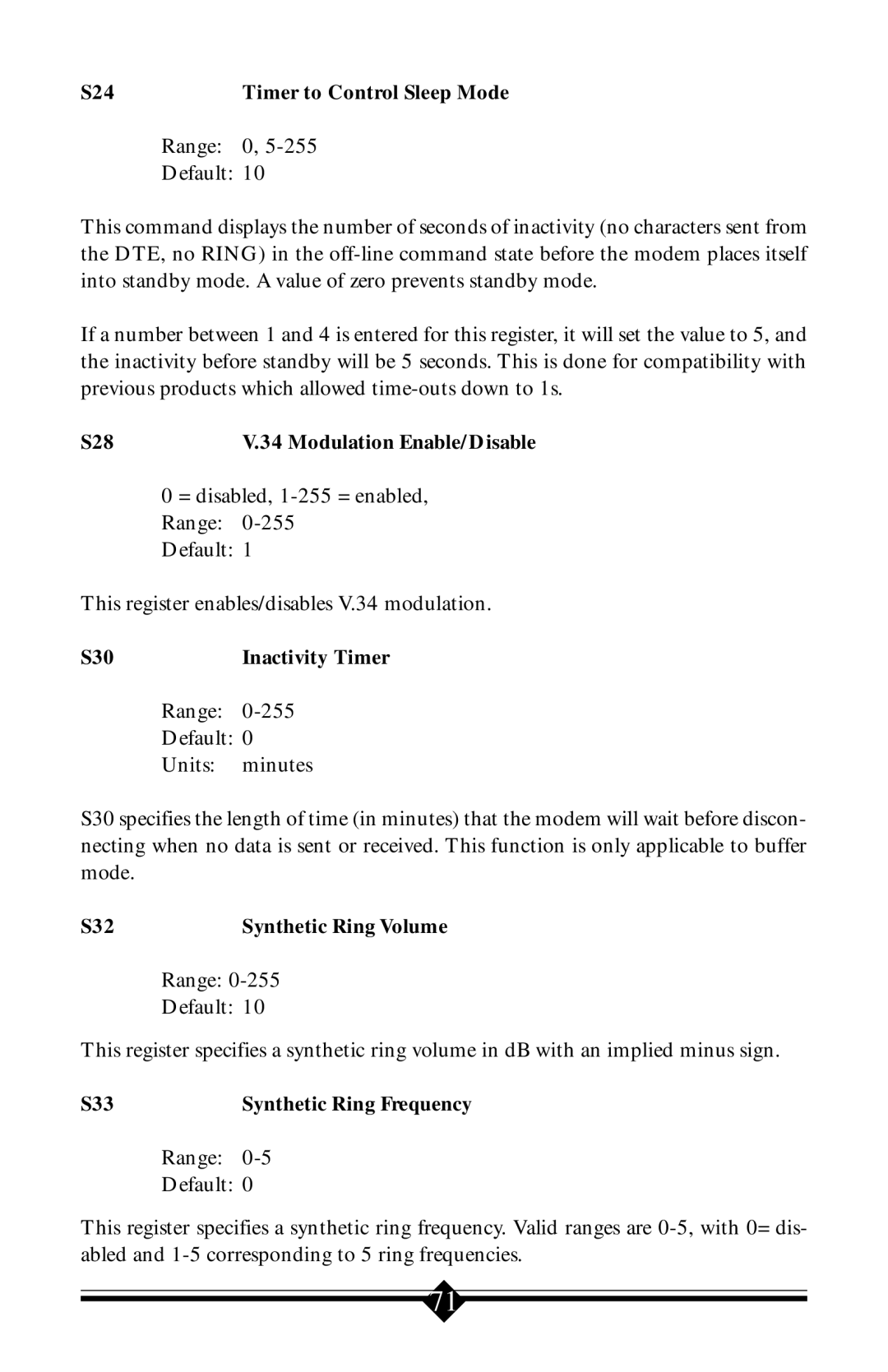 Actiontec electronic 56K V.90 S24 Timer to Control Sleep Mode, S28 Modulation Enable/Disable, S30 Inactivity Timer, S32 