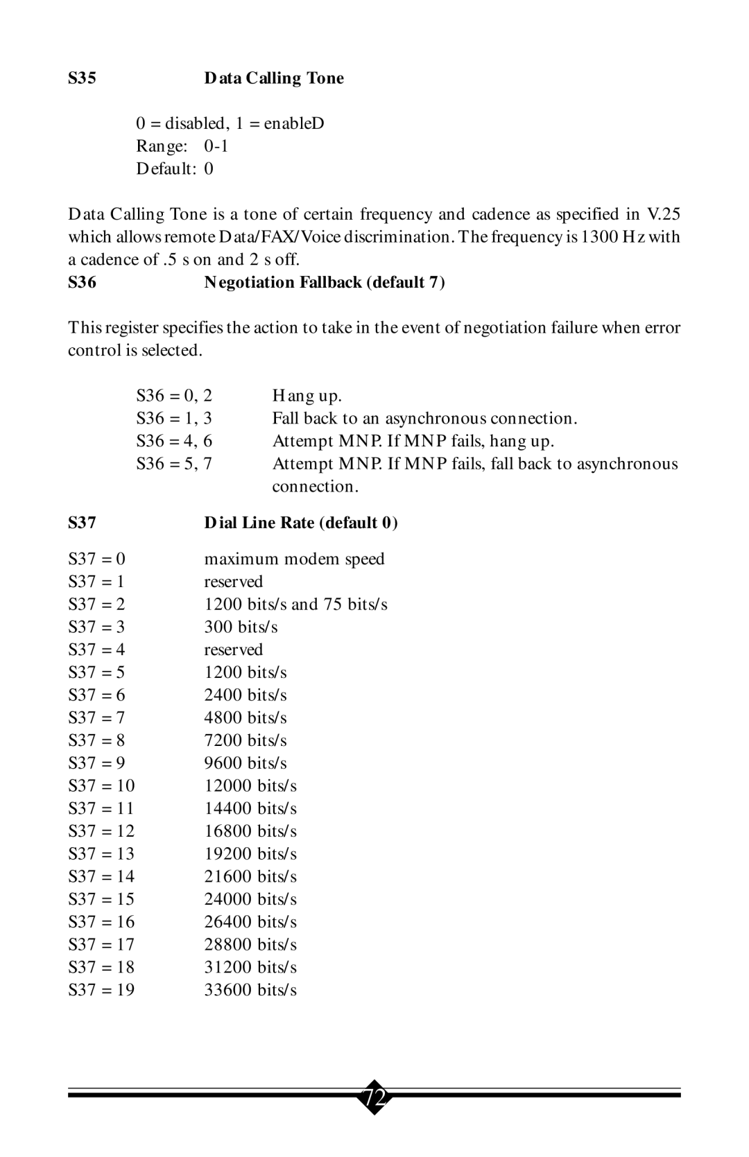 Actiontec electronic 56K V.90 manual S35 Data Calling Tone, S36, S37 Dial Line Rate default 