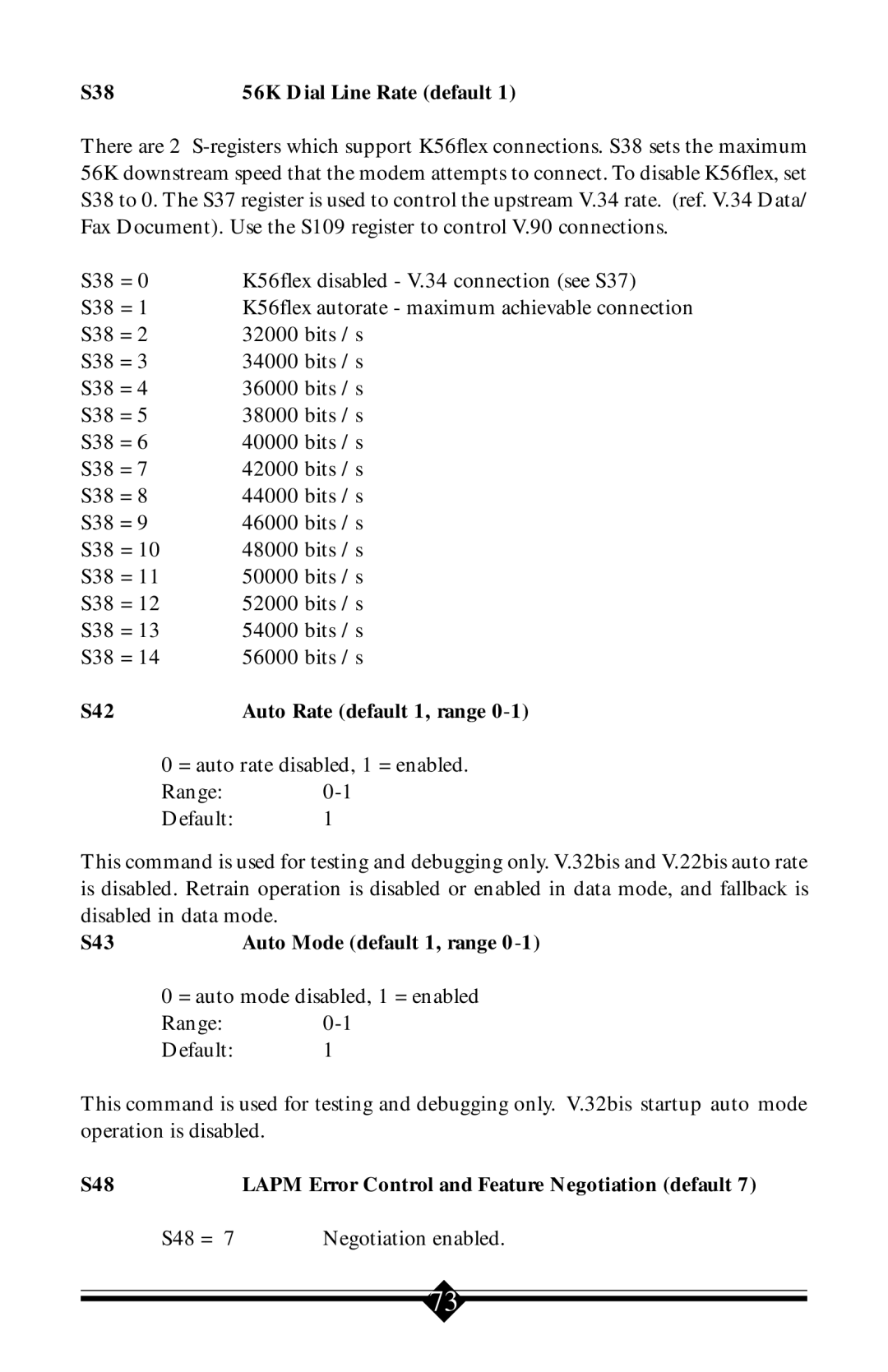 Actiontec electronic 56K V.90 manual S38 56K Dial Line Rate default, S42 Auto Rate default 1, range 
