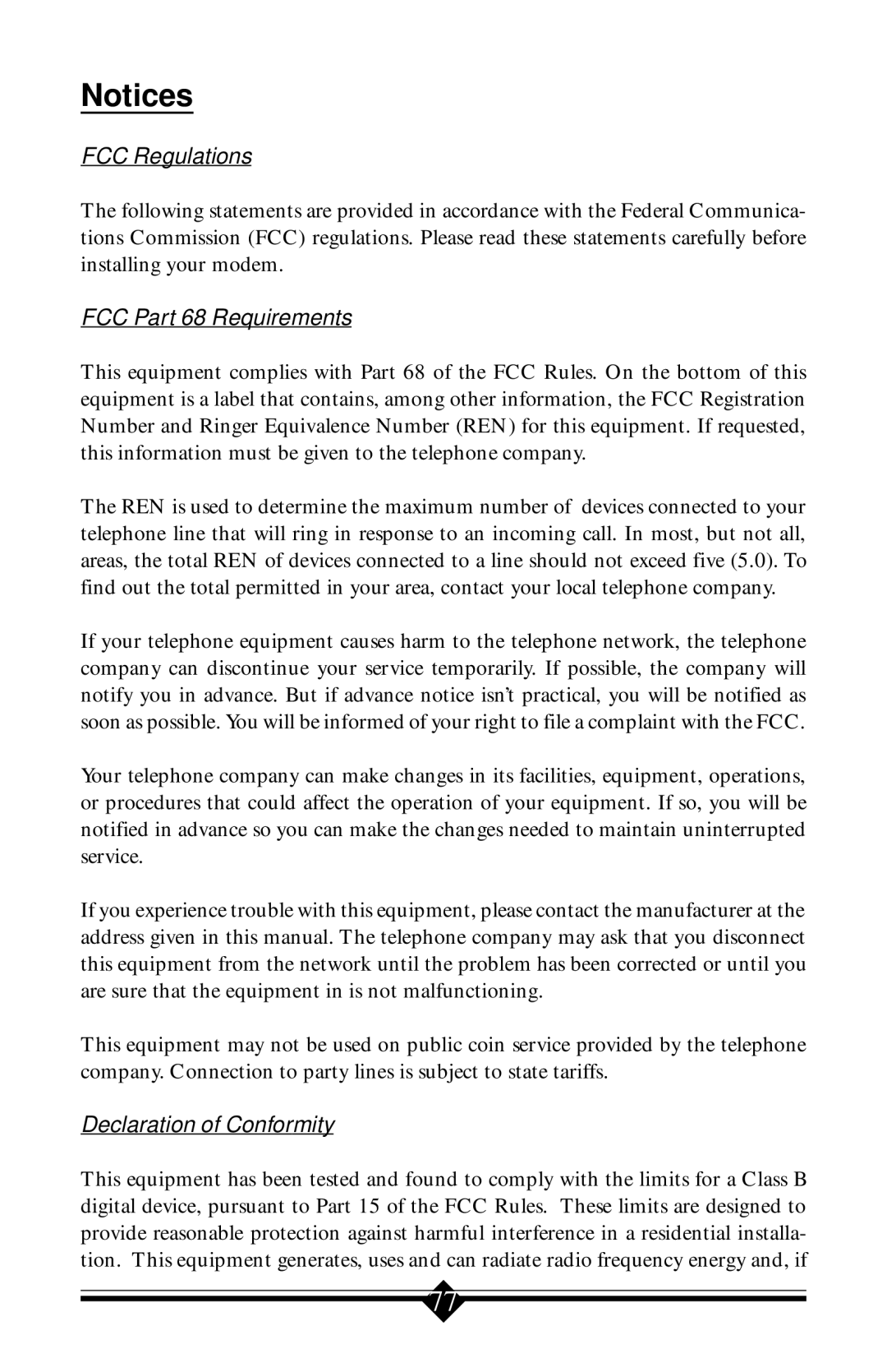 Actiontec electronic 56K V.90 manual FCC Regulations, FCC Part 68 Requirements, Declaration of Conformity 