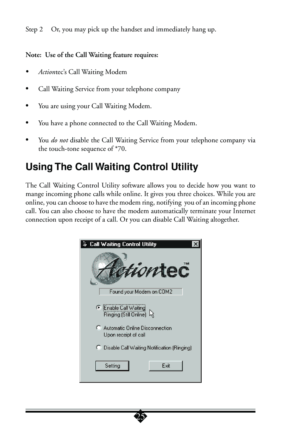 Actiontec electronic 56K user manual Using The Call Waiting Control Utility 