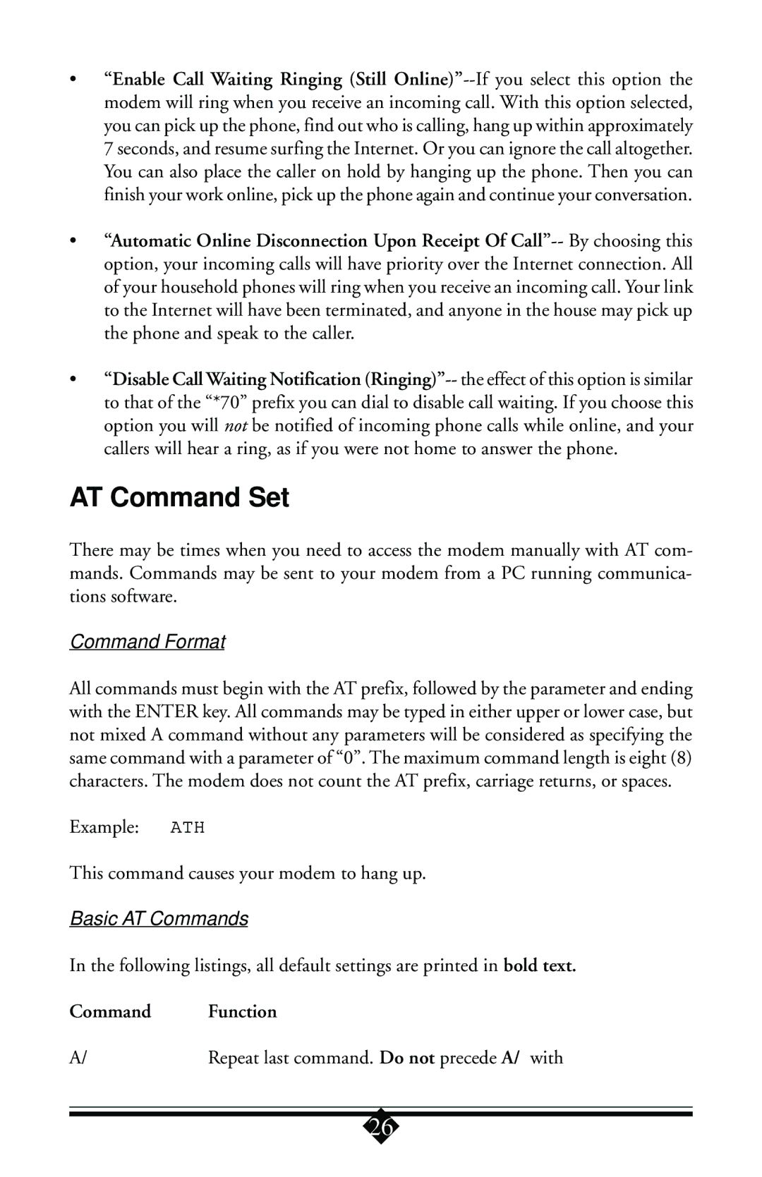 Actiontec electronic 56K user manual AT Command Set, Command Format, Basic AT Commands 