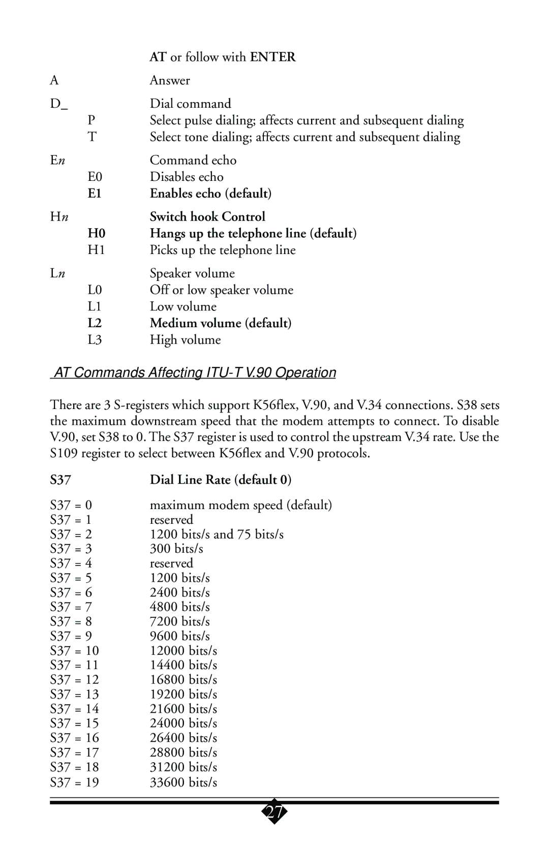 Actiontec electronic 56K user manual Dial command, AT Commands Affecting ITU-T V.90 Operation 