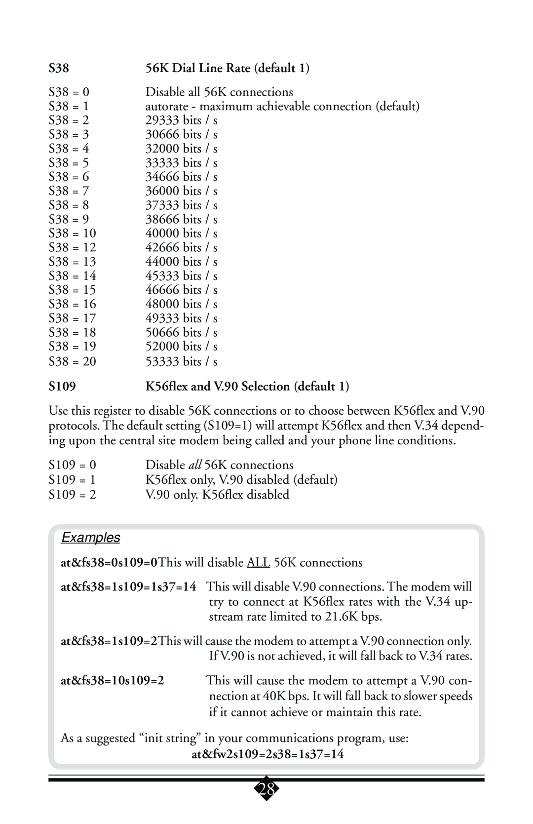 Actiontec electronic user manual S38 56K Dial Line Rate default, Examples 