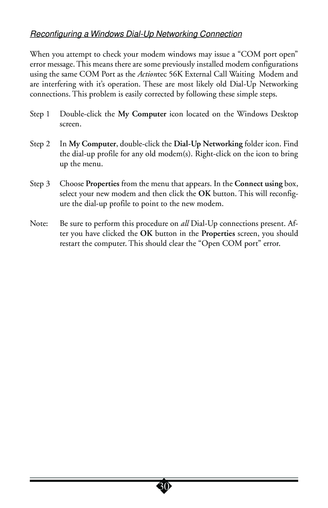 Actiontec electronic 56K user manual Reconfiguring a Windows Dial-Up Networking Connection 