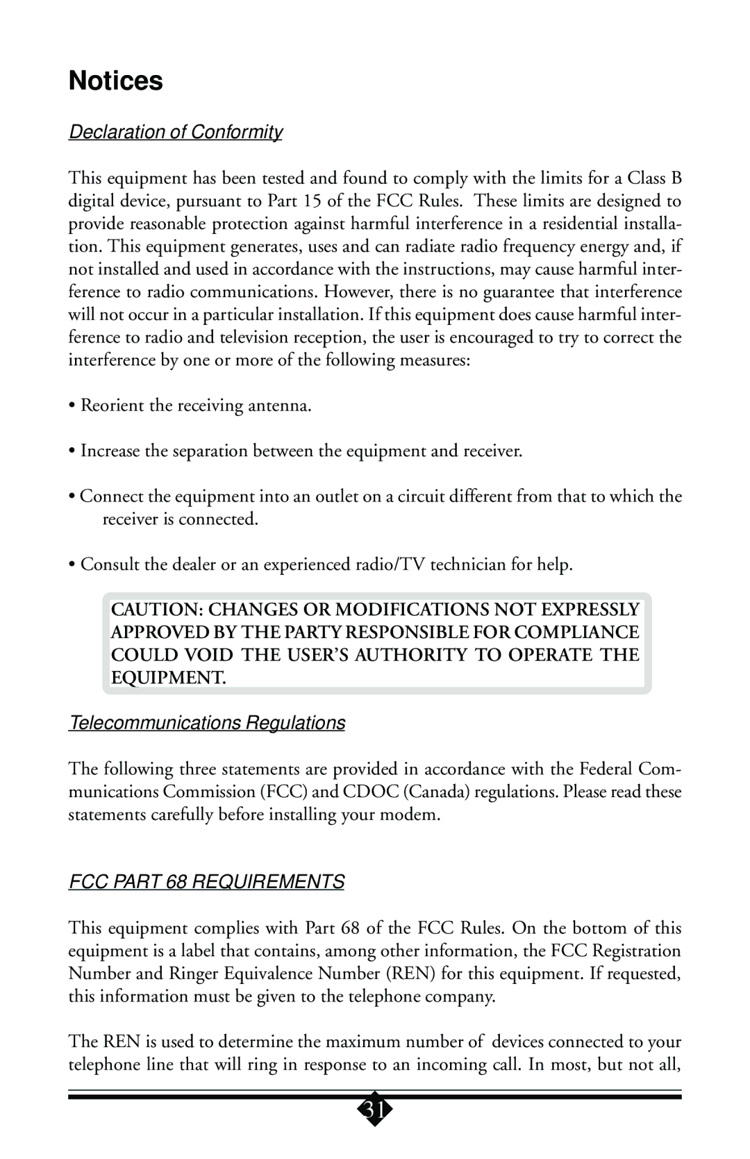 Actiontec electronic 56K user manual Declaration of Conformity, Telecommunications Regulations 