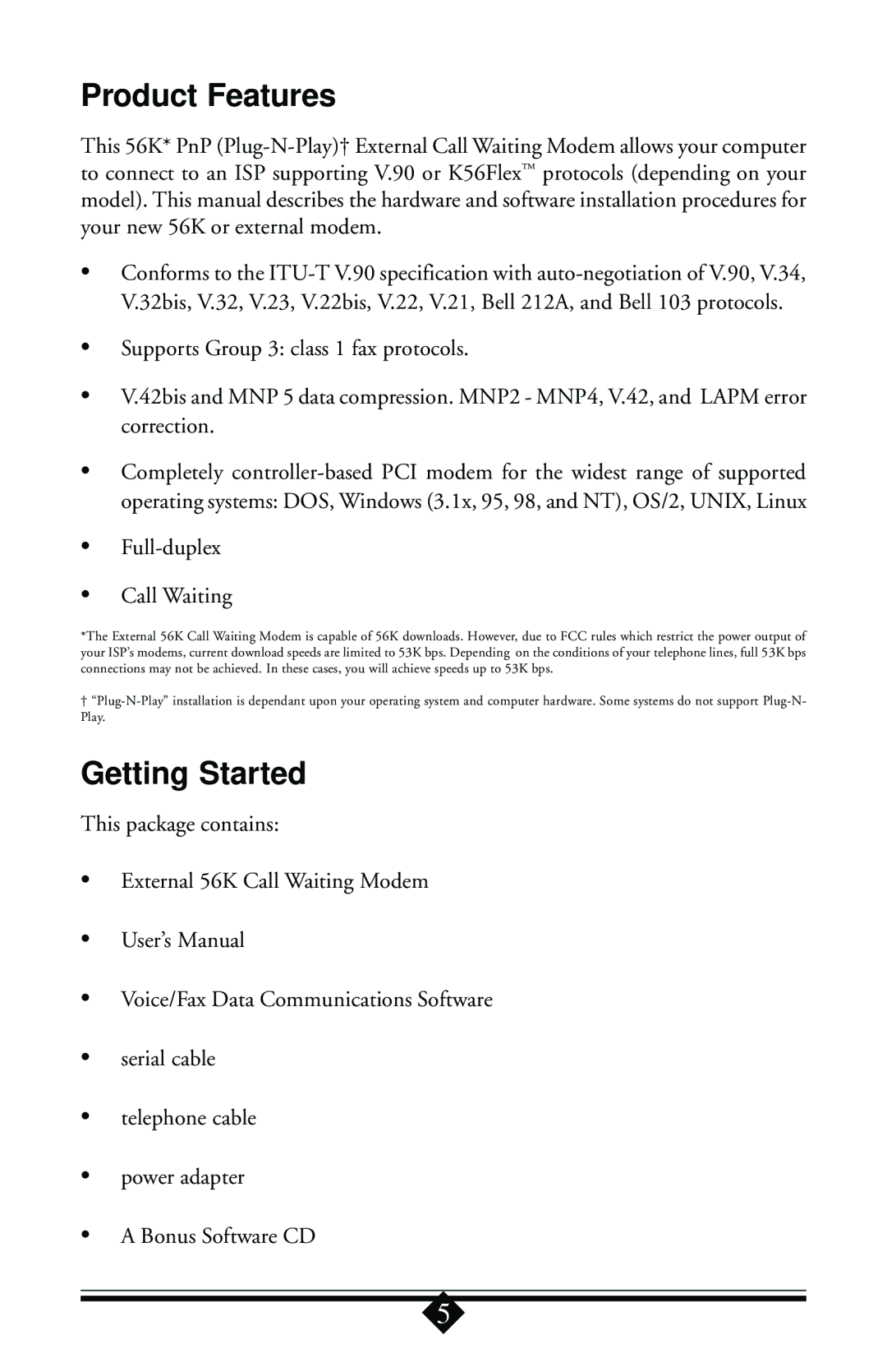 Actiontec electronic 56K user manual Product Features, Getting Started 