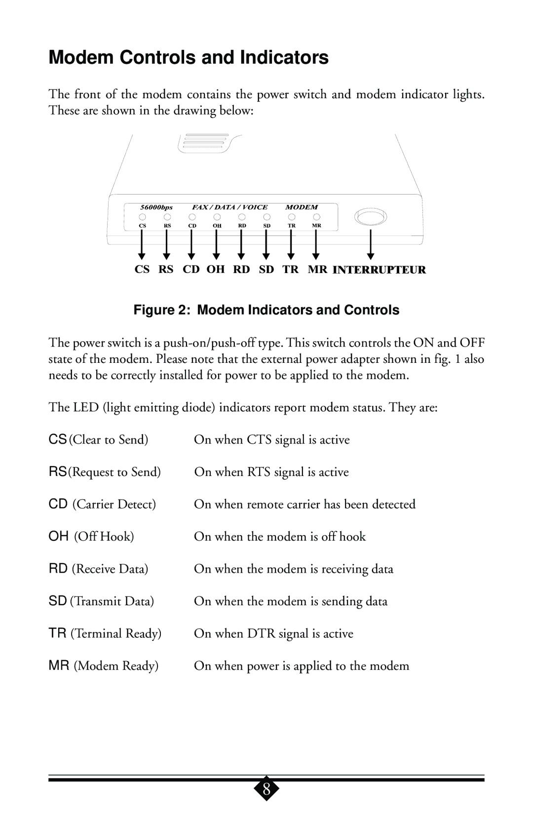 Actiontec electronic 56K user manual Modem Controls and Indicators, Modem Indicators and Controls 