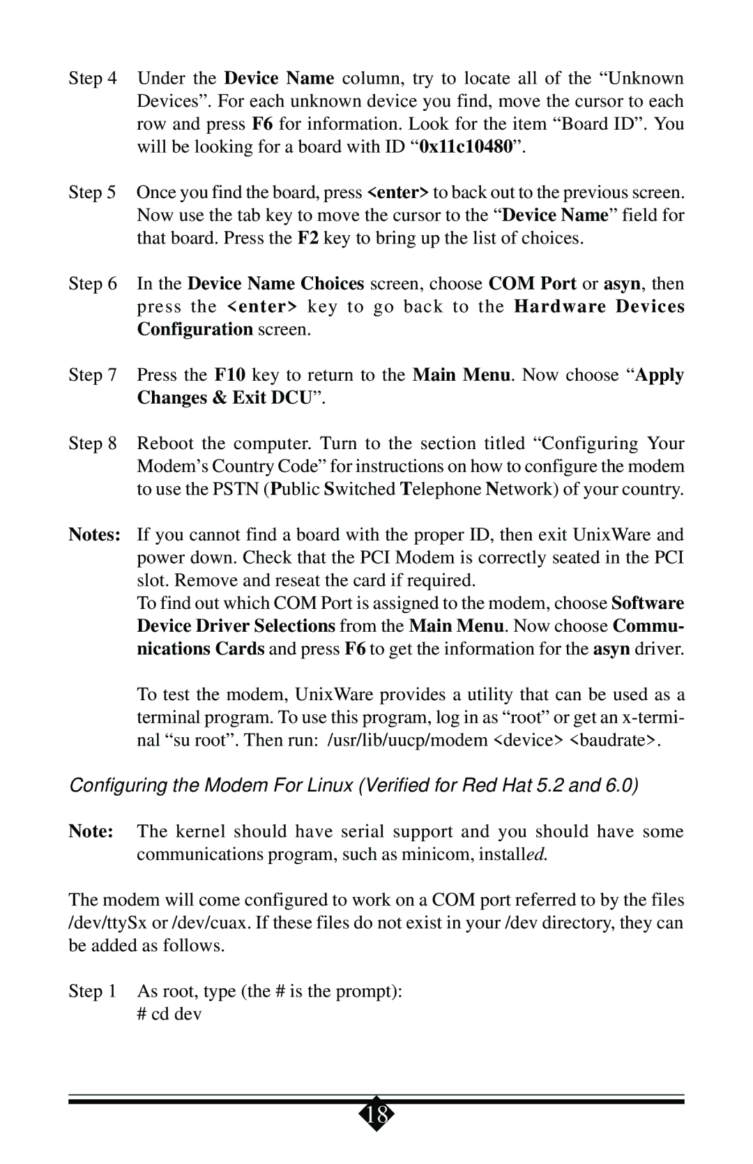 Actiontec electronic 56K manual Configuring the Modem For Linux Verified for Red Hat 5.2 